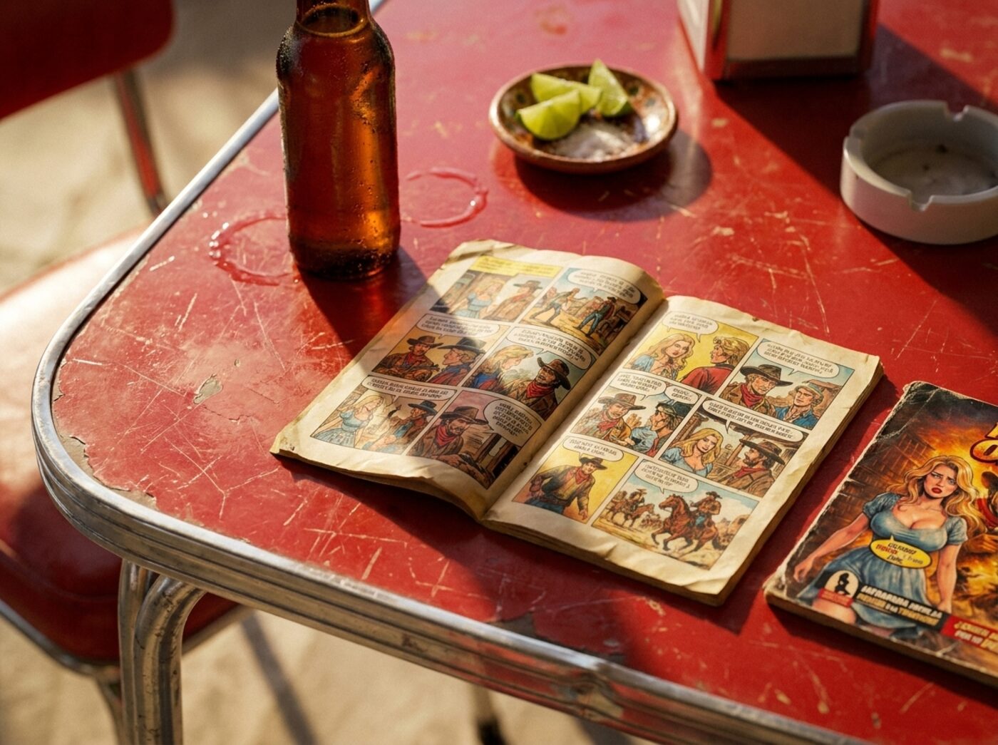 El cómic abierto sobre una mesa de cantina esmaltada, junto a una cerveza fría.