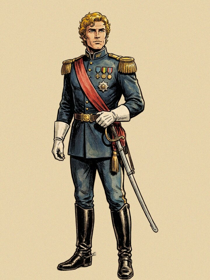 Coronel Briggs, uniforme azul con banda roja y sable.