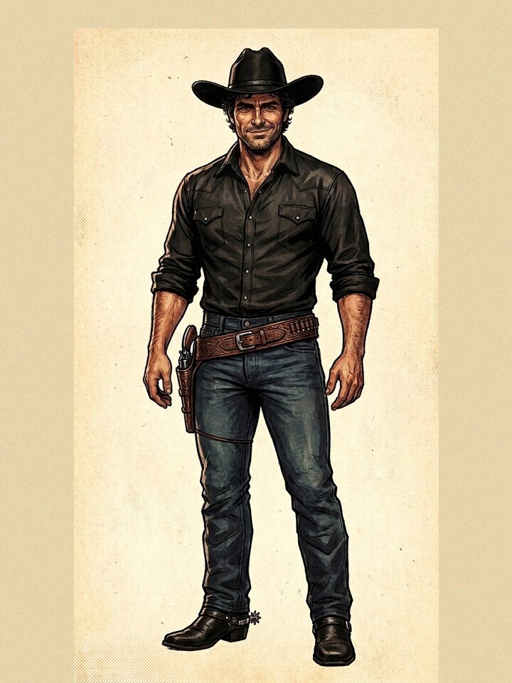 Diego Rojas, pistolero de camisa negra y sombrero.
